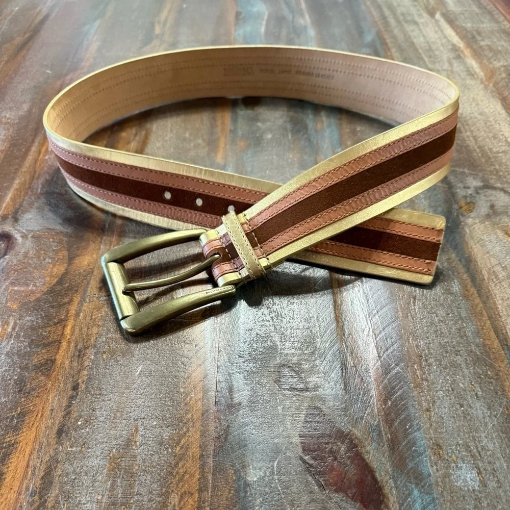 Michael Kors Wide Leather Runway Belt W Gold Brown Brass Buckle EUC